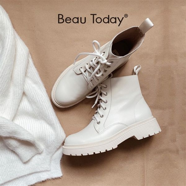 beautoday ankle boots women genuine cow leather lace-up round toe lady booties autumn winter platform sole shoes handmade 03429 201215, Black